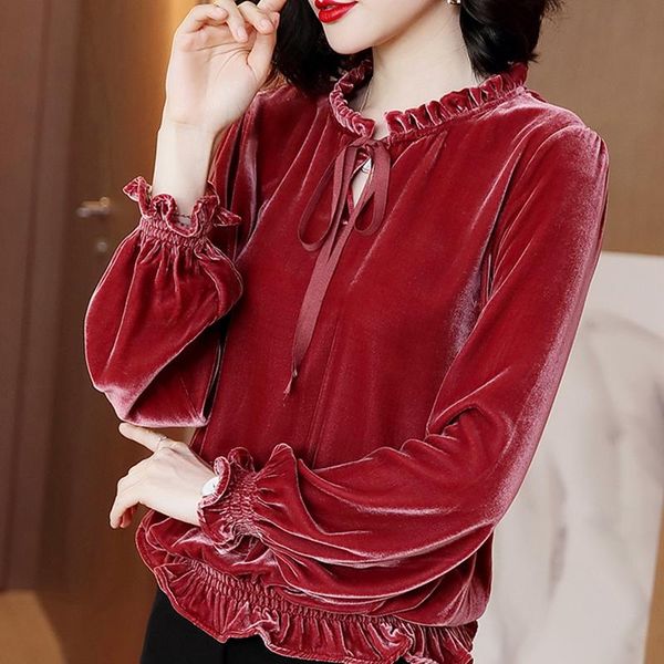 

autumn winter women blouse velvet shirts vintage long-sleeved bow ruffled blouses casual loose ladies female clothes, White