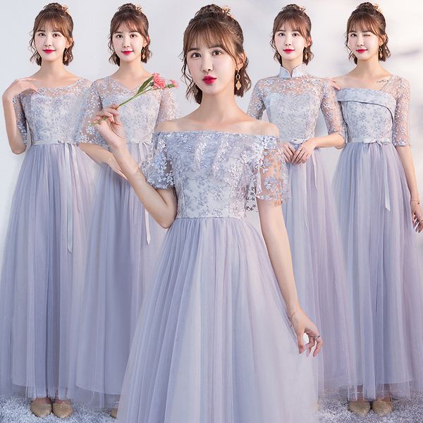 

ankle-length tulle floral gray pink elegant sweet long formal sister prom guest wedding bridesmaid dresses vestidos 1948, White;pink