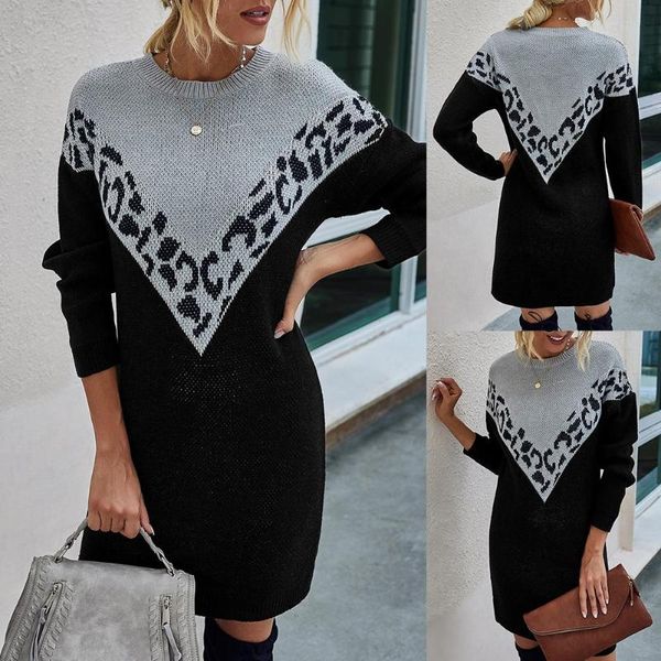

2021 new women autumn winter long sleeve o neck leopard patchwork mini sweater pullover dress, Black;gray