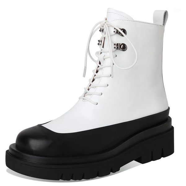 

2021 new botas mujer women's motorcycle ankle boots round toe thick bottom lace-up autumn winter color matching short boots1, Black