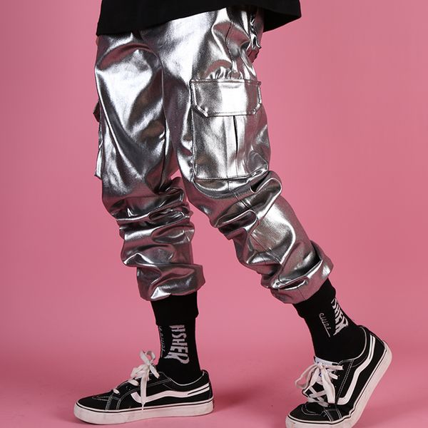 

casual leather harem pant male streetwear hip hop punk silver multi pocket cargo trouser stage clothes dj singer pant men 201128, Black