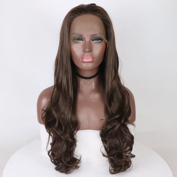 

marquesha brown lace front wigs for women light brown wigs natural wave synthetic glueless long lace front wig 26 inches, Black;brown