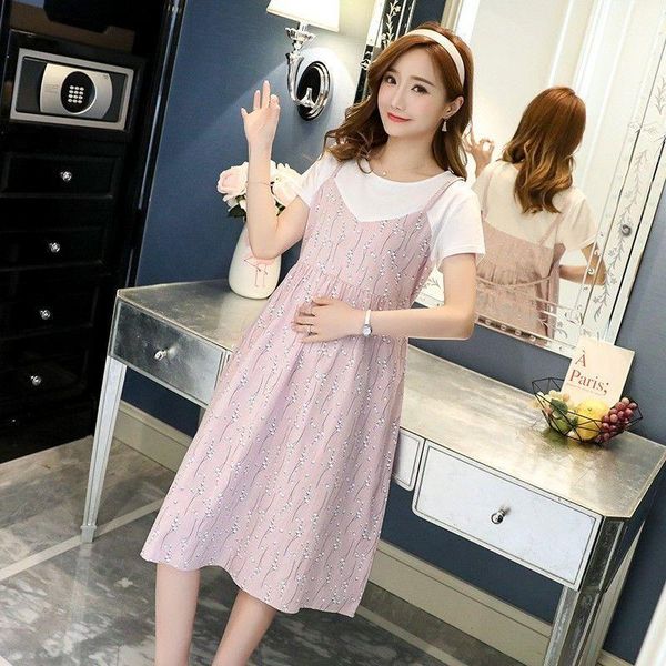 

2020 new summer pregnancy clothes faux two piece cotton printed pregnant dress maternity loose breastfeeding dresses vestido h551, White
