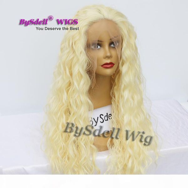 

new stylish long water kinky curly blonde hair wig synthetic pastel blonde 613# color lace front wigs for black white woman