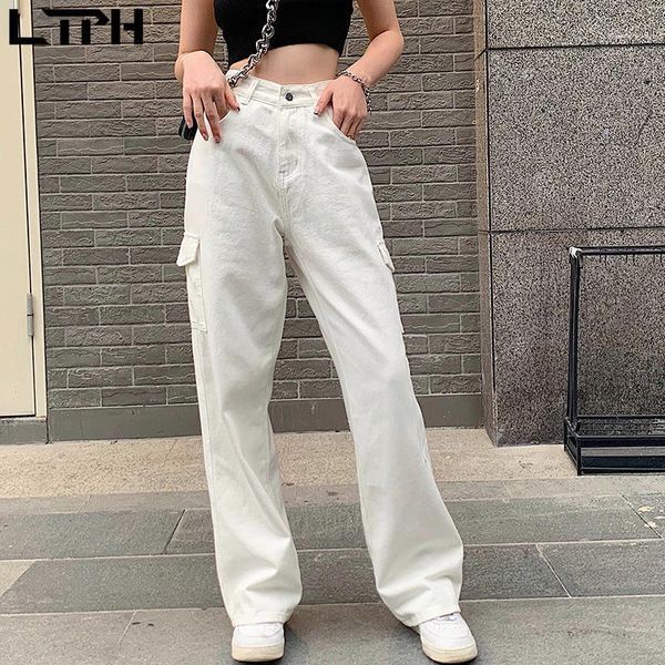 

2020 autumn new arrival ins street style casual trousers fashion wild jeans for women loose multi-pockets high waist cargo pants1, Blue