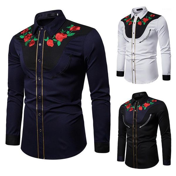 

men's fashion embroidered shirt western style shirts rose embroidered long sleeve shirt for men floral clothes1, White;black
