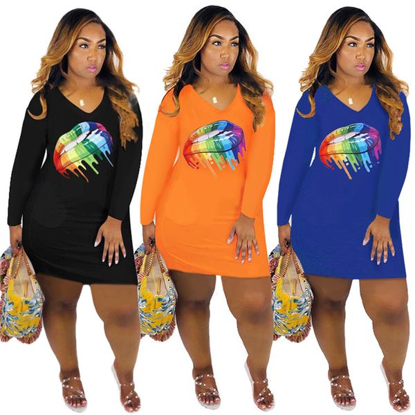 

big v-neck rainbow big lips long sleeve casual dress fashion woman summer dresses, Black;gray