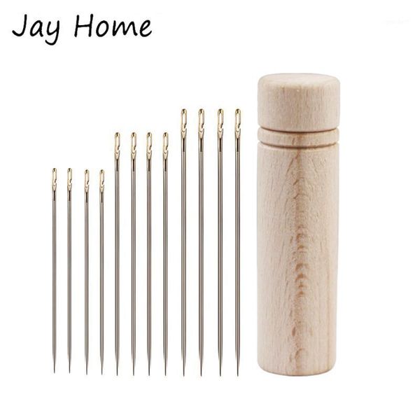 

sewing notions & tools 12pcs self threading needles stitching pins easy needle wood storage case for supplies1, Black