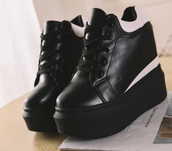 

fashion brand spring women high wedge casual shoes female 12cm increased height shoes woman platform loafers canvas single, Black
