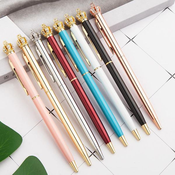 Beyaz Kalem İmparatorluk Taç Süsleme Kristal Pen Yüzük Düğün Ofisi Metal Roller Top Gül Gümüş Pink1