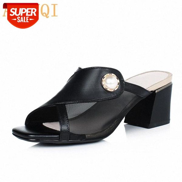 

aiyuqi slides women summer 2021 new outdoor shiny women shoes open toe mid heel fashion net yarn genuine leather slides #yz8c, Black