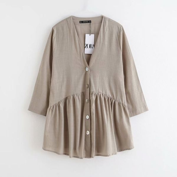 

button decoration women nine quarter sleeves shirt linen smock autumn leisure lady v neck blouse loose lj200812, White