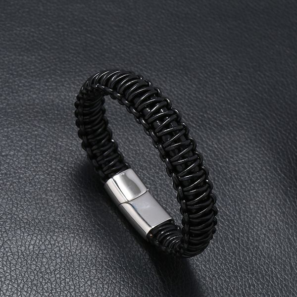 

factoryn9z7braided fashion4y0imen chain black cord genuine punk leather bracelet stainless steel magnetic buckle jewelry accessorie