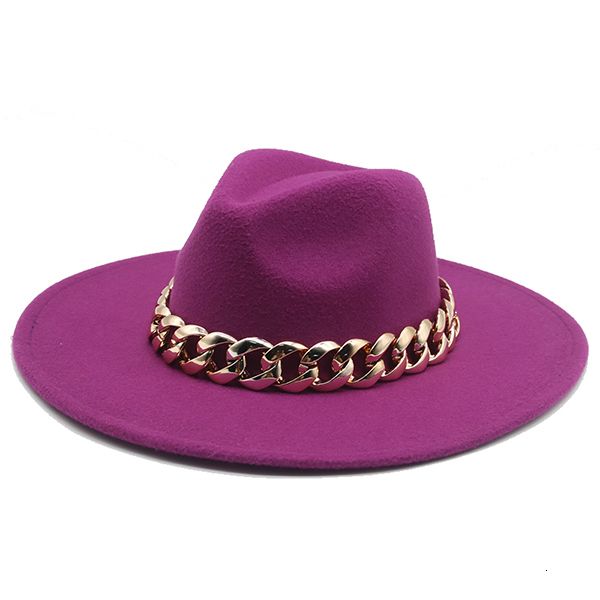 

fedora hats big brim 9.5cm with thick gold chain band belt men women hats winter autumn wide brim handmade luxury winter hats, Blue;gray