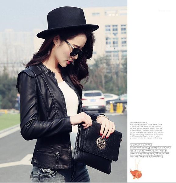 

2020 autumn fashion women short leather jackets motor coat pu solid casual jackets slim stand collar streetwear women1, Black