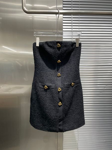 

2022 early spring new metal button trim slim fit strapless dress, Black;gray