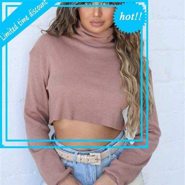 

2021 new lent fashion women casual long mouwen t-shirt mode effects color high collar exposed navel slim fit top, White