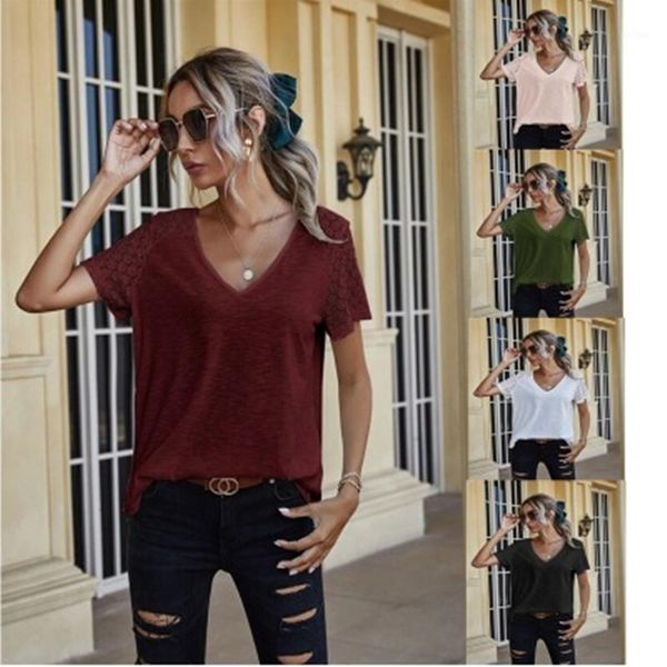 

2021 new spring summer women cotton casual short sleeve loose t shirt solid color v-neck lace splice lady slim t shirt1, White