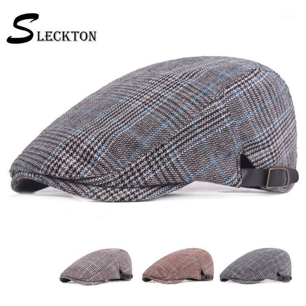 

SLECKTON Plaid Beret Hat Visor Peaked Cap Vintage Newsboy Cap Travel Herringbone Newsboy Caps Winter Hats for Men Women1, Blue;gray
