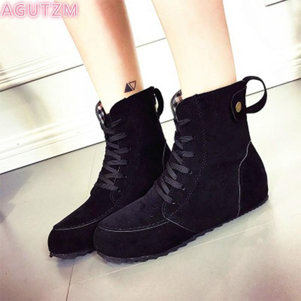 

women's flock ankle boots 2020 women lace up short flats autumn winter woman footwear ladies casual female shoes plus size 42, Black