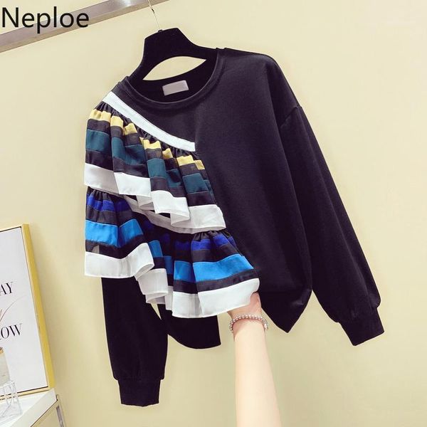 

neploe 2020 winter autumn harajuku tracksuit for women pullover hoodies loose female striped ruffles sweatshirt korean clothes1, Black