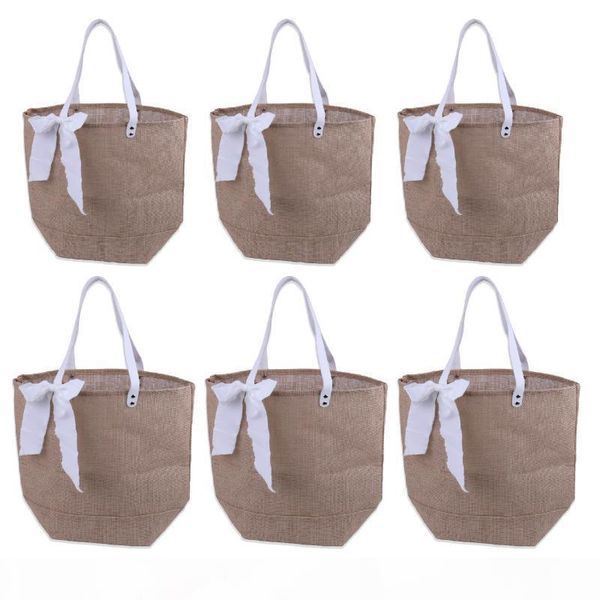 

wholesea bulk burlap tote handbag with ribbon faux leather handle beach grocery shopping school handbag bridesmaid gift diy