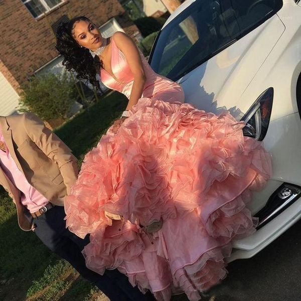 

beautiful pink mermaid prom dresses tiered ruffles black girls sleeveless long party evening wear gowns custom made, White;black