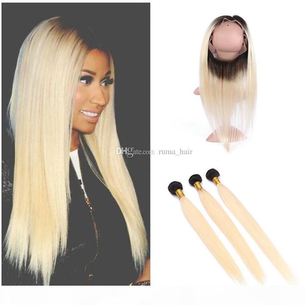 

9a 360 lace frontal with bundles #1b 613 blonde ombre virgin human hair straight with pre plucked 360 full lace frontal closure, Black;brown