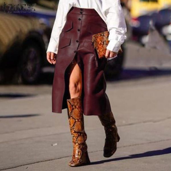 

zanzea fashion women pu leather skirts casual high waist solid skirts jupe faldas saia autumn buttons down mid-calf skirt, Black
