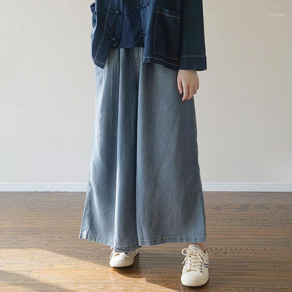 

johnature 2020 spring new full length elastic mid waist denim wide leg pants loose comfortable all-match 2 color women jeans1, Blue