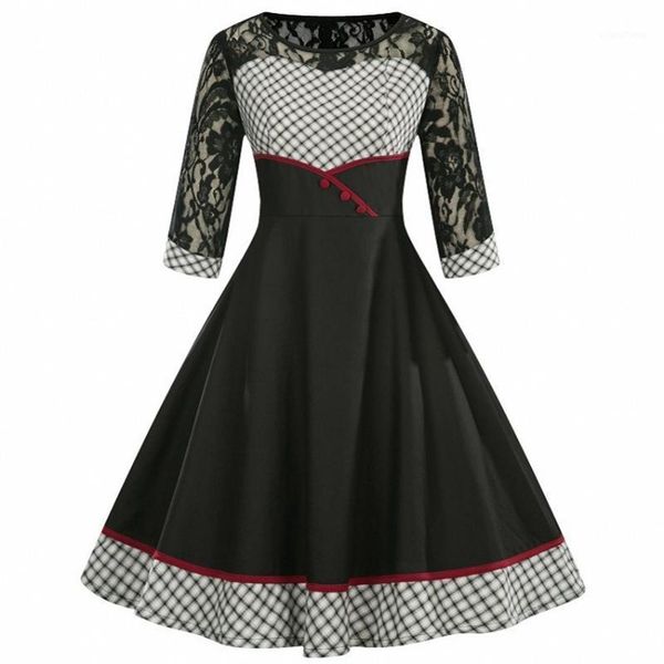 

plaid print women midi vintage dress lace 3/4 sleeves high waist retro dress 1960s audrey hepburn rockabilly vestidos1, Black;gray