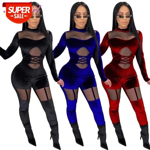 

women sheer mesh patchwork velvet skinny jumpsuit autumn bandage hollow out night party club rompers street outfit overalls #dn9z, Black;white
