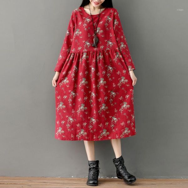 

2020 spring new style retro literature and art high-waisted printed large size dress loose-fit long sleeve mid-length cotton lin1, White;black