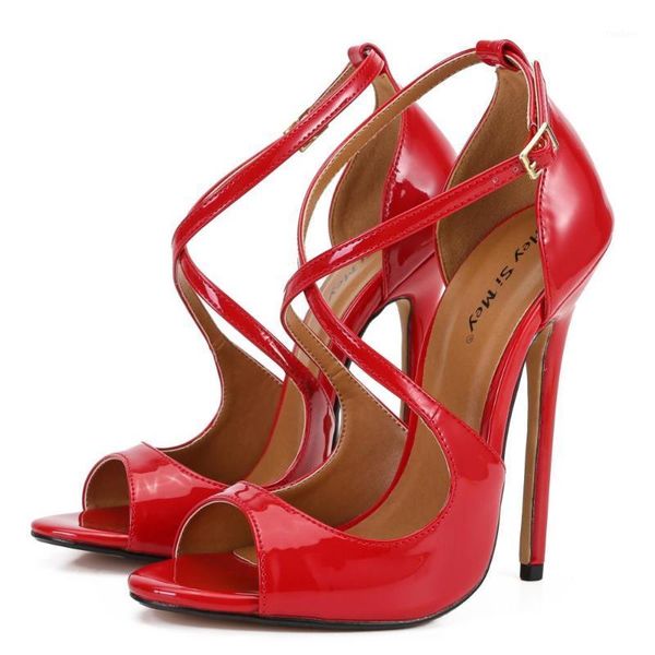 

high heels 13cm cross fish mouth roman style women's sandals patent leather stiletto heel big size16 summer shoes for women1, Black