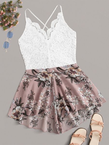 

lace contrast floral cami romper c5i1#, White
