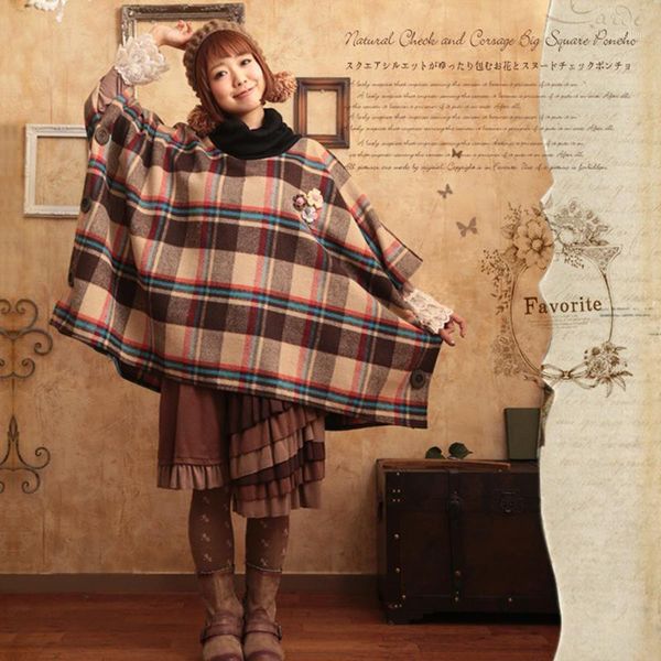 

mori girl women coat wool plaid poncho flower appliques female winter coats side buttons turtleneck cloak cape coat t4151, Black