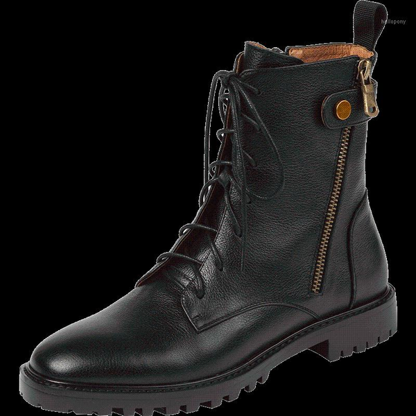 

women's genuine leather double zip autumn ankle boots round toe rivet buckle lace-up comfortable casual boots shoes1, Black