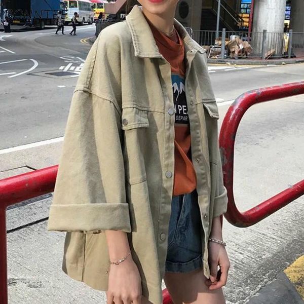 

jackets women solid loose simple denim jacket retro all-match korean style bf girl vintage womens trendy coat basic new hot, Black;brown