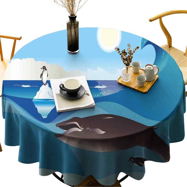 

luxurious round table cloth wrinkle resistant north pole graphic landscape with penguin wave and sun children love print