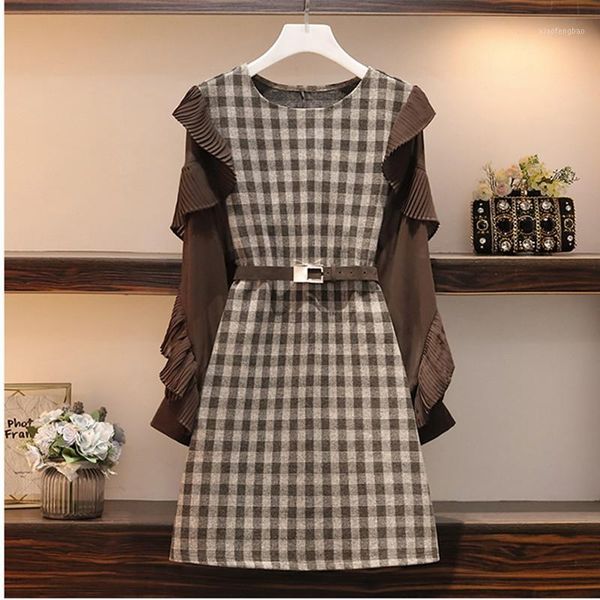 

xl-5xl 2020 spring fashion women ruffles patchwork plaid long sleeves a line dress female dresses with belt a21411, Black;gray