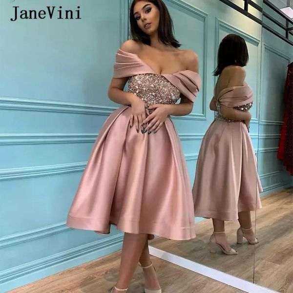 

party dresses janevini 2021 elegant satin cocktail for women a line off shoulder sequined beaded backless arabic prom gowns plus size, White;black