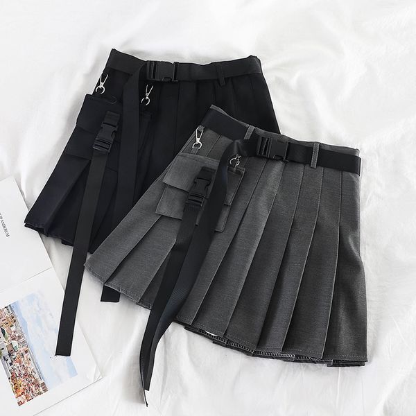 

2021 summer women fashion belt harajuku work cute mini college style loose high waist pleated skirt waf0, Black