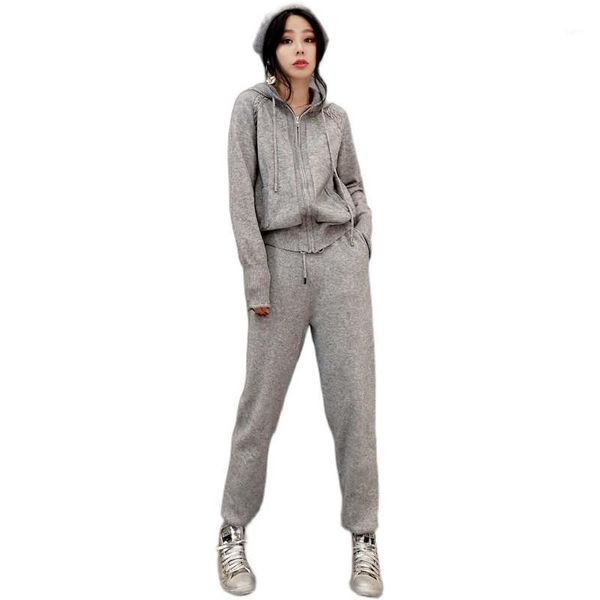 

woman sportsuit warm fashion 2020 autumn knit two piece sets women hoodies+slim pants suits outfit tracksuits clothes winter1, Gray