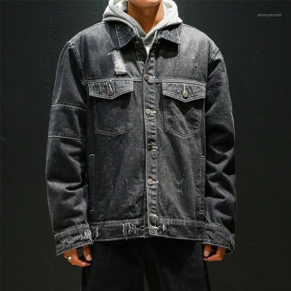 

men's jackets 2021 winter korean version of europe and the thickening trend lapel hole casual denim jacket streetwear1, Black;brown