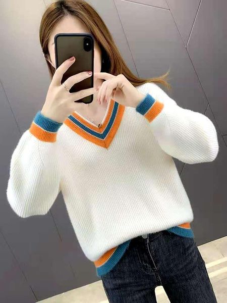 

2020 new spring autumn knitted fashion sweaters women pullover v neck simple color matching sweaters elegant female pullovers jumper outwear, White;black