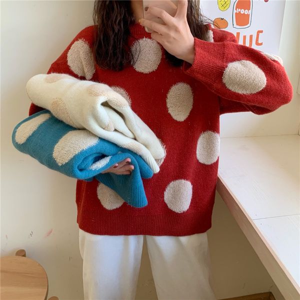 

women's sweaters pullover dot printed roun neck winter clothes warm long sleeve jumpers femme womens 2020 autumn h1211, White;black