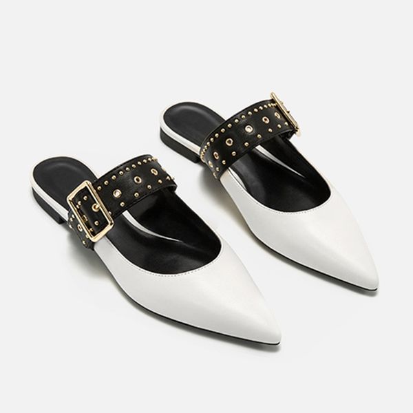 

women elegant slippers trend ponited toe summer female mules fashion low heel buckle slippers ladies party shoes flats, Black