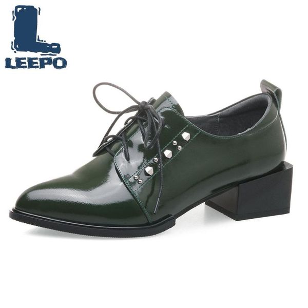 

brogues women shoes middle heel pumps ladies genuine leather punk rivet thick heels woman pointed toe oxfords dress shoes, Black