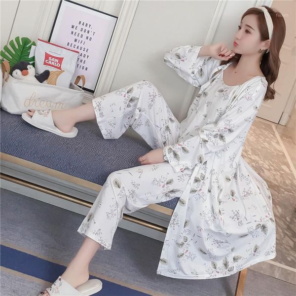 

3pcs pajamas sets for women spring long sleeve vintage robes pyjama home clothing homewear loungewear gifts three piece set1, Black;red