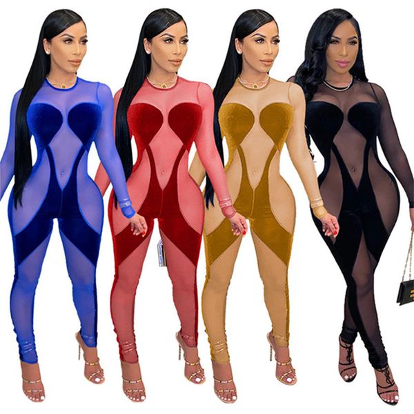 

women jumpsuits mesh sheer rompers long sleeve bodycon onesie panelled bodysuit fashion clubwear night one piece pants 4309, Black;white